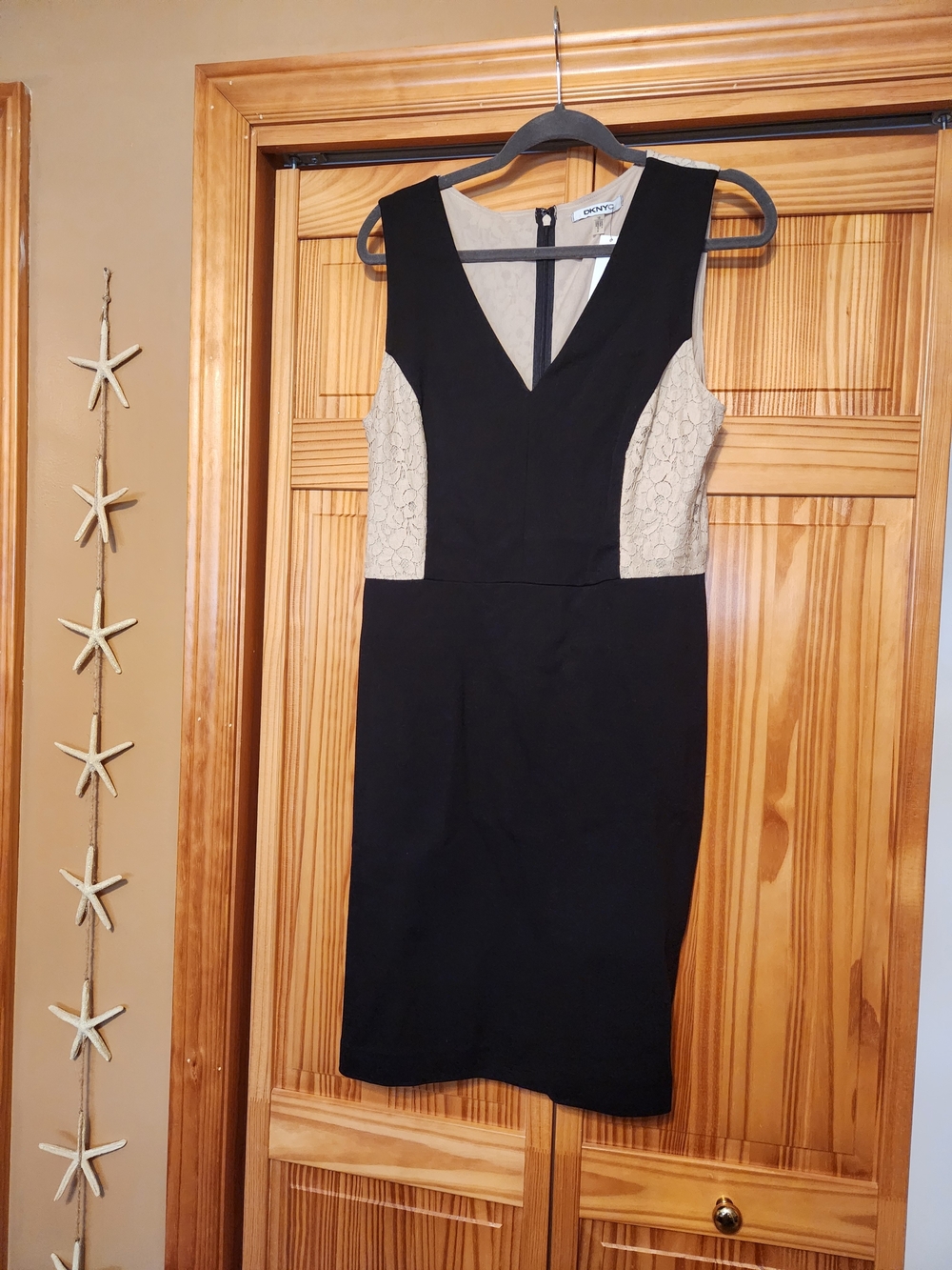 DKNY Black and Beige Lace Paneled Sheath Dress